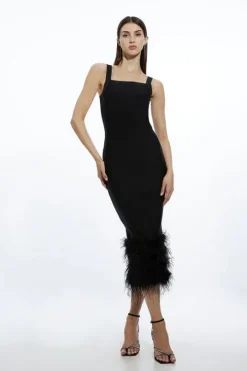Figure Form Bandage Feather Hem Knit Midi Dress