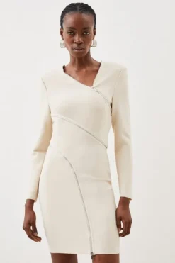 Figure Form Bandage Knit Zip Detail Power Shoulder Mini Dress