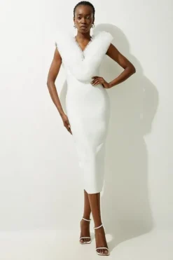 Figure Form Bandage Knit Tulle Detail Midi Dress