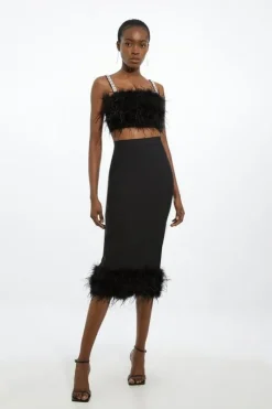 Figure Form Bandage Knit Feather Hem Midi Skirt