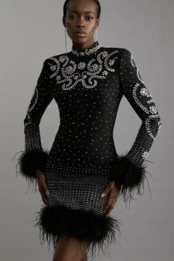 Figure Form Bandage Knit Feather Embellished Mini Dress