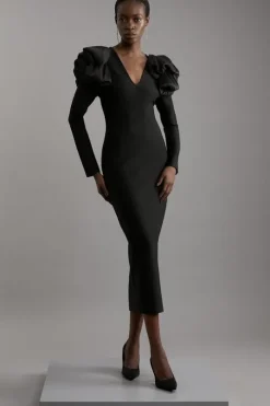 Figure Form Bandage Knit Silk Ruffle Shoulder Detail Maxi Dress