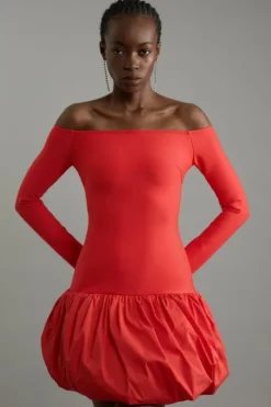 Figure Form Bandage Knit Structured Puff Ball Mini Dress