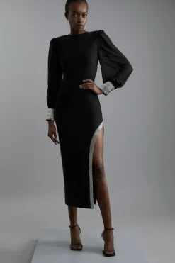 Figure Form Bandage Knit Embellished And Chiffon Sleeve Midaxi Dress