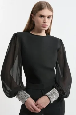 Figure Form Bandage Knit Embellished And Chiffon Sleeve Top