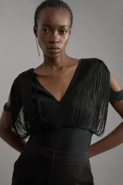 Figure Form Bandage Knit Fringe Detail Top