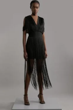 Figure Form Bandage Knit Fringe Detail Dress