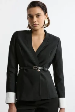 Figure Form Bandage Knit Woven Cuff And Belted Jacket