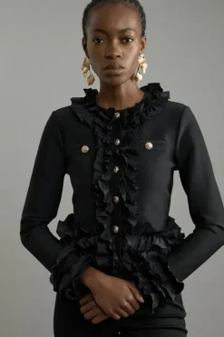 Figure Form Bandage Knit Jacket With Woven Ruffle Trim