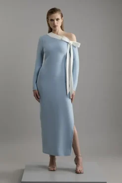 Figure Form Bandage Knit Contrast Bow Detail Midaxi Dress