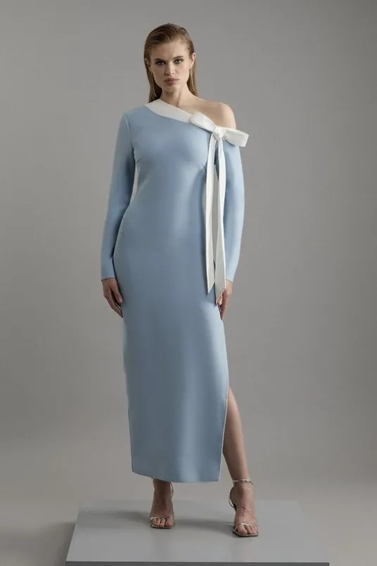 Figure Form Bandage Knit Contrast Bow Detail Midaxi Dress