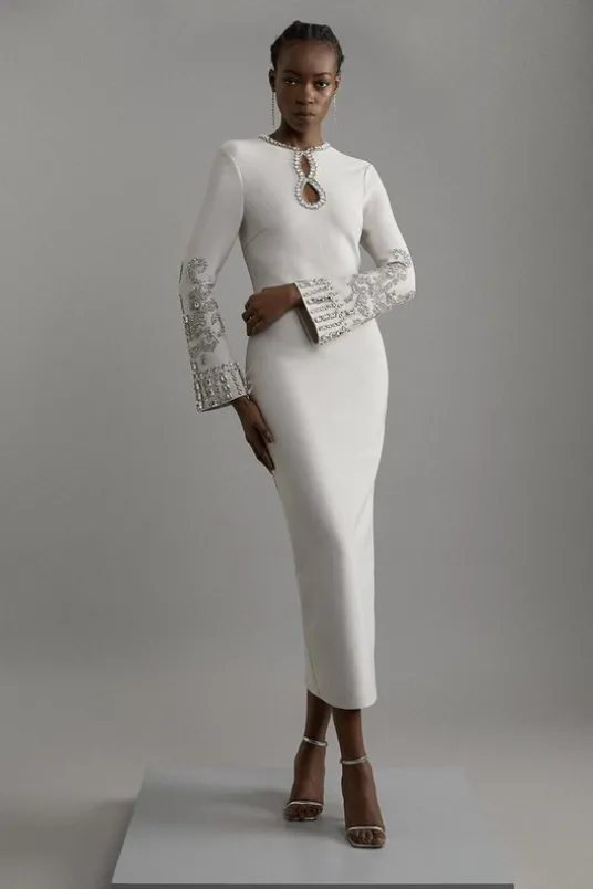 Figure Form Bandage Knit Embellished Wide Sleeve Midaxi Dress