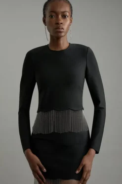 Figure Form Bandage Knit Scallop Tassel Top