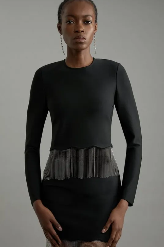 Figure Form Bandage Knit Scallop Tassel Top