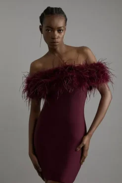 Figure Form Bandage Knit Feather Off The Shoulder Mini Dress