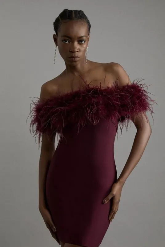 Figure Form Bandage Knit Feather Off The Shoulder Mini Dress