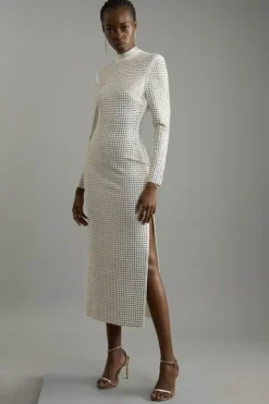 Figure Form Bandage Knit All Over Embellished Maxi Dress