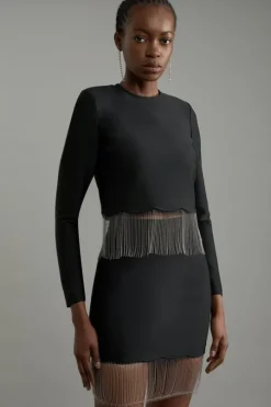 Figure Form Bandage Knit Scallop Tassel Skirt Co-Ord