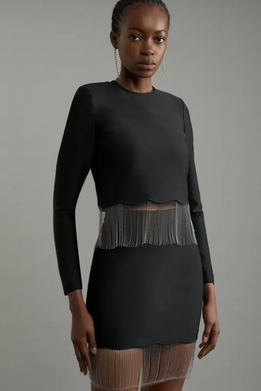 Figure Form Bandage Knit Scallop Tassel Skirt Co-Ord