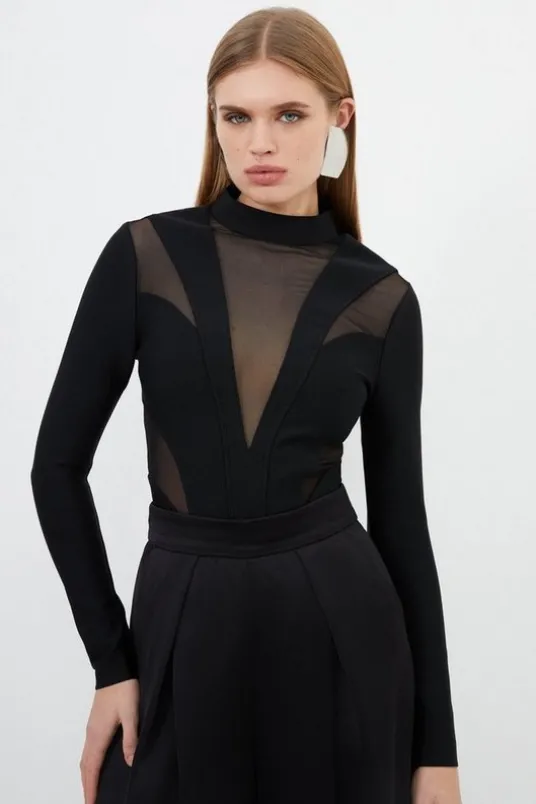 Figure Form Bandage Mesh Detail Knit Top