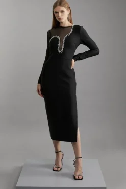 Figure Form Bandage Mesh Detail Asymmetric Trim Midi Dress