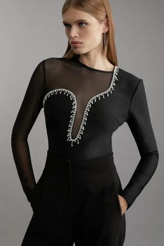 Figure Form Bandage Mesh Detail Embellished Knit Top