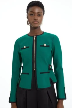 Figure Form Bandage Military Contrast Piping Knit Jacket