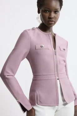 Figure Form Bandage Military Contrast Piping Knit Split Hem Jacket