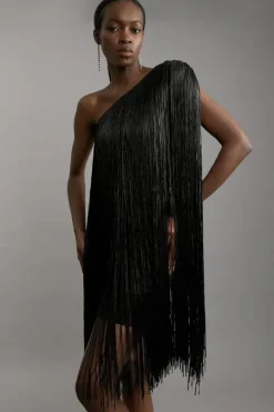 Figure Form Bandage One Shoulder Fringe Mini Knit Dress