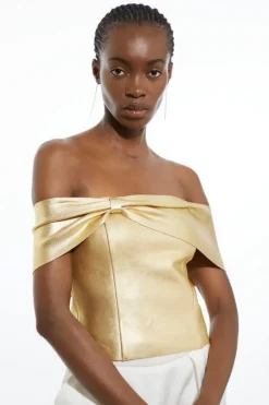 Figure Form Metallic Foiled Bandage Knit Asymmetric Top