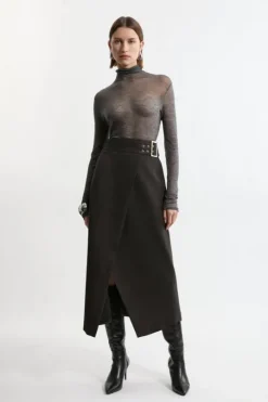 Flannel Wrap Over Belted Tailored Maxi Skirt