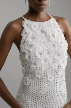 Floral Applique Crystal Beaded Woven Halter Maxi Dress