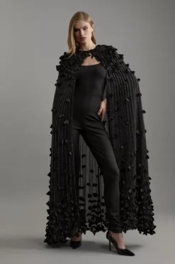 Floral Applique Crystal Embellished Woven Maxi Cape