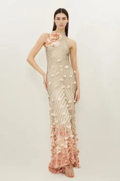Floral Applique Crystal Embellished Woven Maxi Rosette Maxi Dress