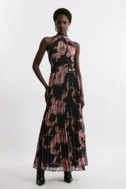 Floral Belted Pleated Midi Woven Dress