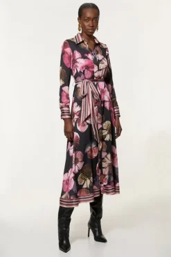Floral Border Print Woven Belted Midi Dress