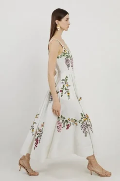 Floral Embroidered Cotton Linen Woven Prom Dress