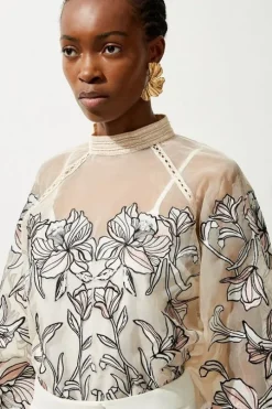 Floral Embroidery Organdie Woven Blouse
