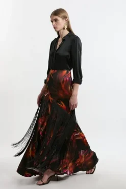 Floral Heavy Satin Panelled Fringed Woven Maxi Skirt
