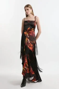 Floral Heavy Satin Panelled Fringed Woven Strappy Maxi Dress