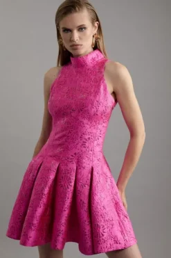 Floral Jacquard Halter Full Skirt Tailored Mini Dress