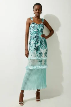 Floral Pleat Detail Strappy Woven Midi Dress