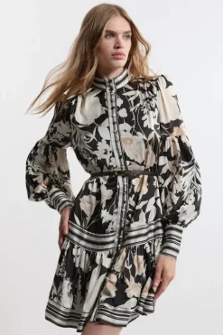 Floral Pleated Belted Woven Mini Dress