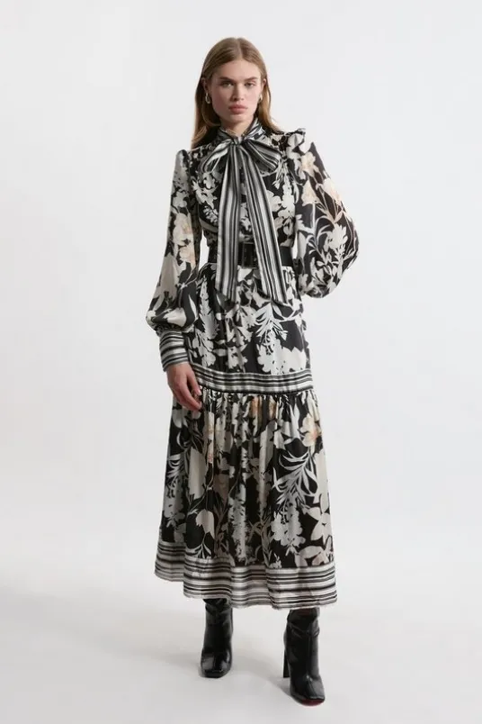 Floral Pleated Tie Neck Woven Midaxi Dress