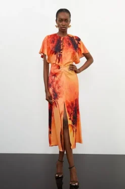 Floral Print Satin Crepe Woven Angel Sleeve Midi Dress