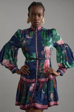 Floral Print Woven Balloon Sleeve Belted Midi Dress