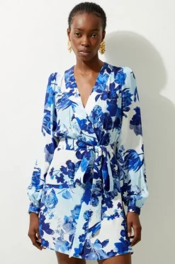 Floral Printed Morocain Woven Wrap Mini Dress