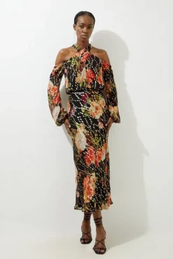 Floral Printed Viscose Metallic Thread Beaded Cross Neck Woven Midi Dress