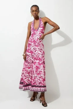 Floral Printed Viscose Woven Halter Maxi Dress