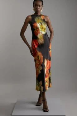 Floral Satin Woven Column Maxi Dress